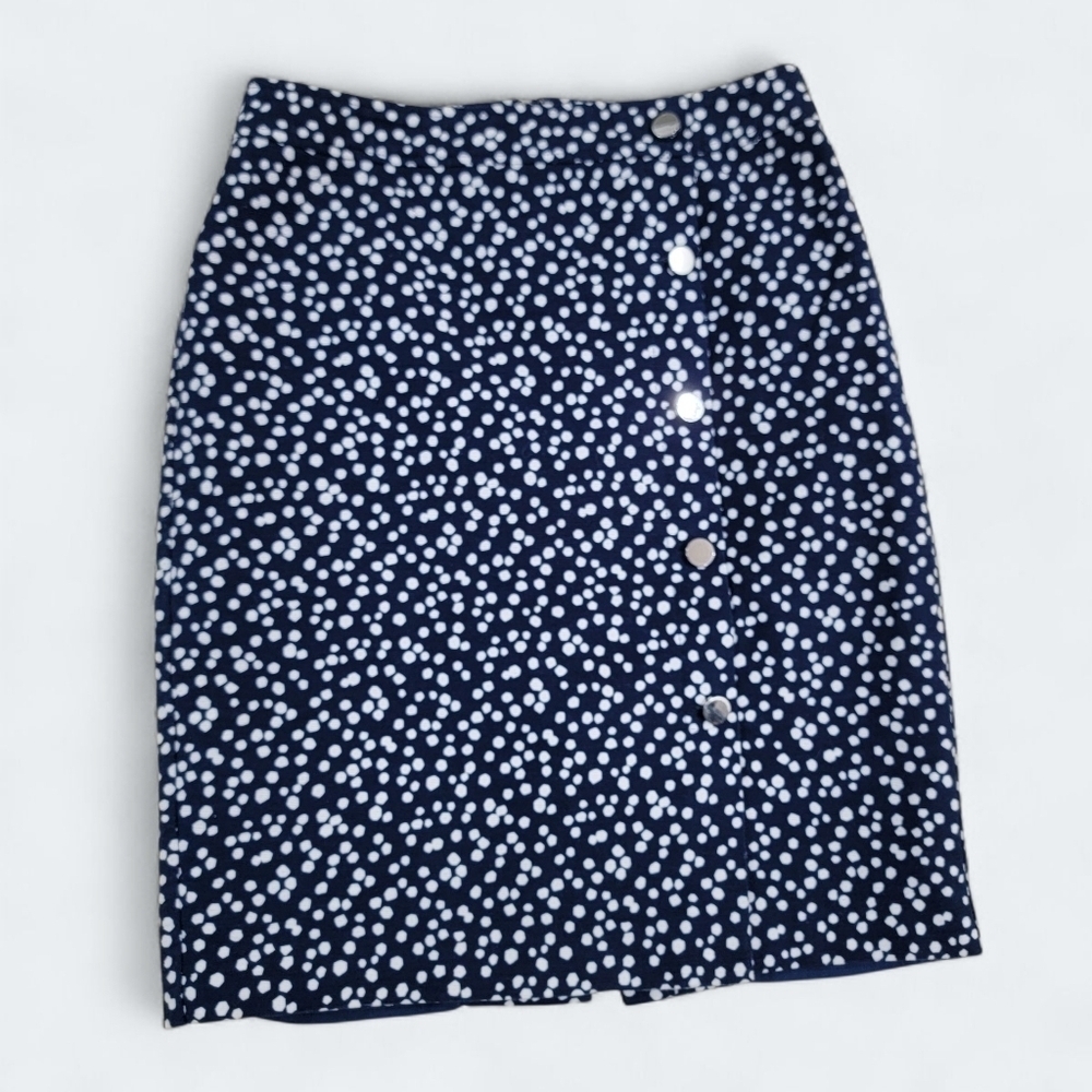 Talbots Navy Polka Dot Skirt Size 6 Front Buttons Cotton Blend Classic Casual